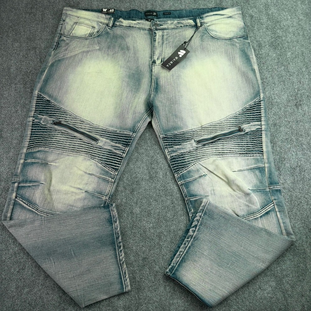 Waimea Jeans Mens 48x32 (Fits 56x33) Antique Blue Moto Skinny Zipper Stretch NWT